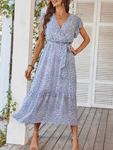 Women's Printed Flutter Sleeve Tiered Chiffon Maxi Dress