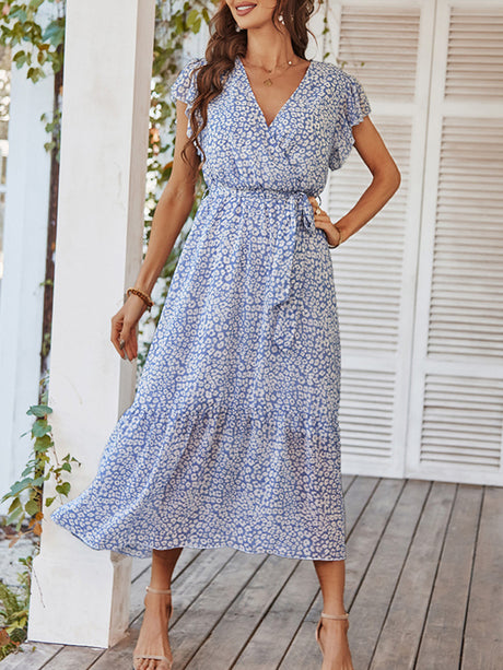 Women's Printed Flutter Sleeve Tiered Chiffon Maxi Dress