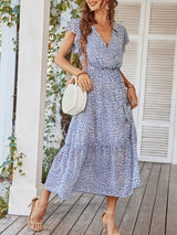 Women's Printed Flutter Sleeve Tiered Chiffon Maxi Dress