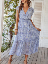 Women's Printed Flutter Sleeve Tiered Chiffon Maxi Dress