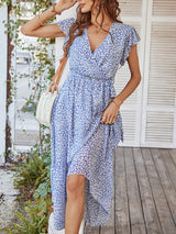 Women's Printed Flutter Sleeve Tiered Chiffon Maxi Dress