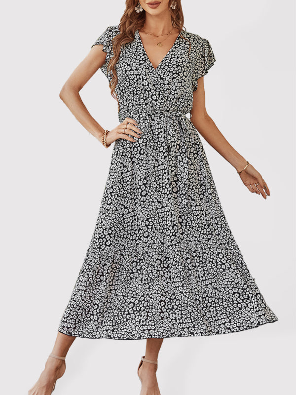 Women's Printed Flutter Sleeve Tiered Chiffon Maxi Dress