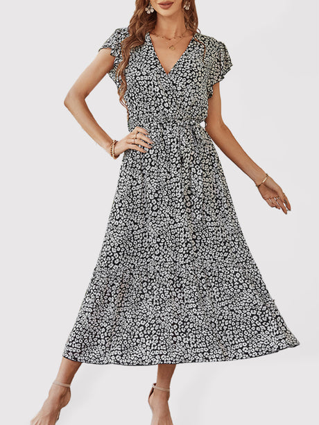 Women's Printed Flutter Sleeve Tiered Chiffon Maxi Dress
