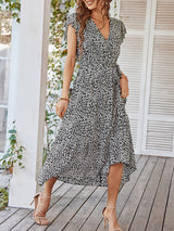 Women's Printed Flutter Sleeve Tiered Chiffon Maxi Dress