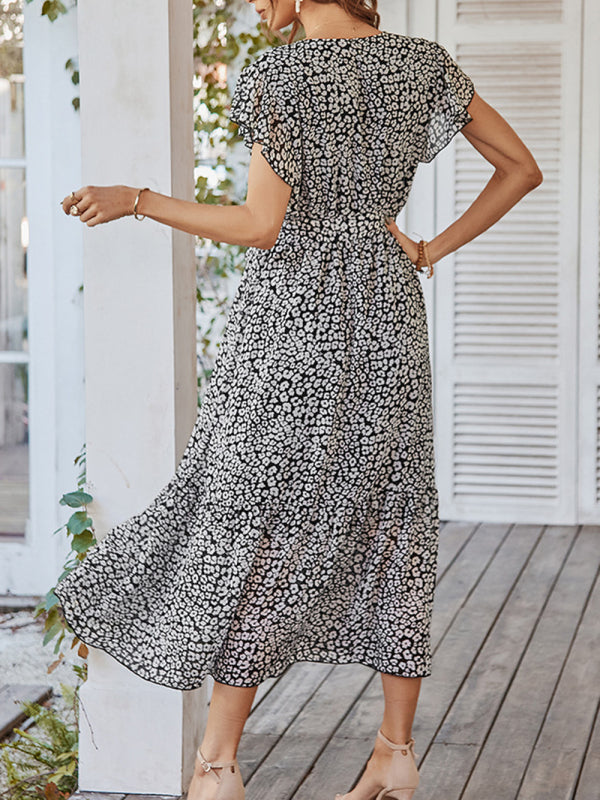 Women's Printed Flutter Sleeve Tiered Chiffon Maxi Dress