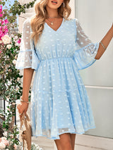 Women's Solid Color V-neck Clip Dot Chiffon Dress