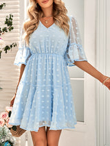 Women's Solid Color V-neck Clip Dot Chiffon Dress