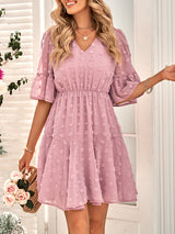 Women's Solid Color V-neck Clip Dot Chiffon Dress