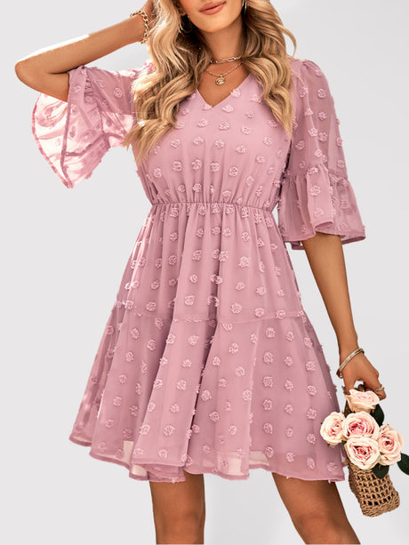 Women's Solid Color V-neck Clip Dot Chiffon Dress