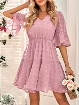 Women's Solid Color V-neck Clip Dot Chiffon Dress