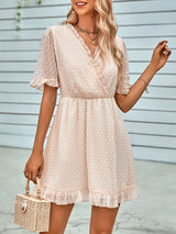 Women's Solid Color Ruffle Clip Dot Ruffle Sleeve Mini Faux Wrap Dress