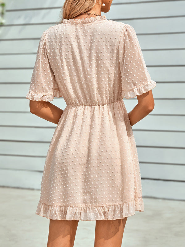 Women's Solid Color Ruffle Clip Dot Ruffle Sleeve Mini Faux Wrap Dress