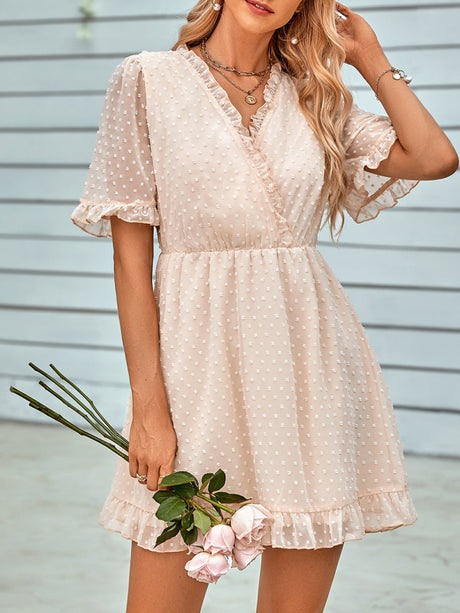 Women's Solid Color Ruffle Clip Dot Ruffle Sleeve Mini Faux Wrap Dress