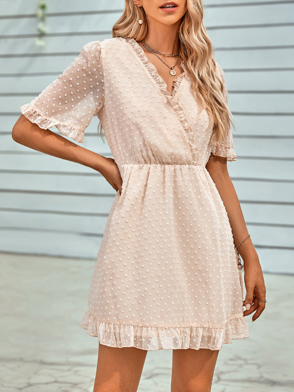Women's Solid Color Ruffle Clip Dot Ruffle Sleeve Mini Faux Wrap Dress