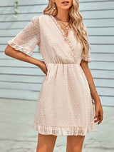 Women's Solid Color Ruffle Clip Dot Ruffle Sleeve Mini Faux Wrap Dress