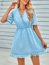 Women's Solid Color Ruffle Clip Dot Ruffle Sleeve Mini Faux Wrap Dress