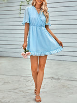 Women's Solid Color Ruffle Clip Dot Ruffle Sleeve Mini Faux Wrap Dress