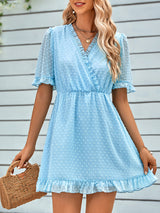 Women's Solid Color Ruffle Clip Dot Ruffle Sleeve Mini Faux Wrap Dress