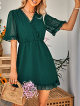 Women's Solid Color Ruffle Clip Dot Ruffle Sleeve Mini Faux Wrap Dress