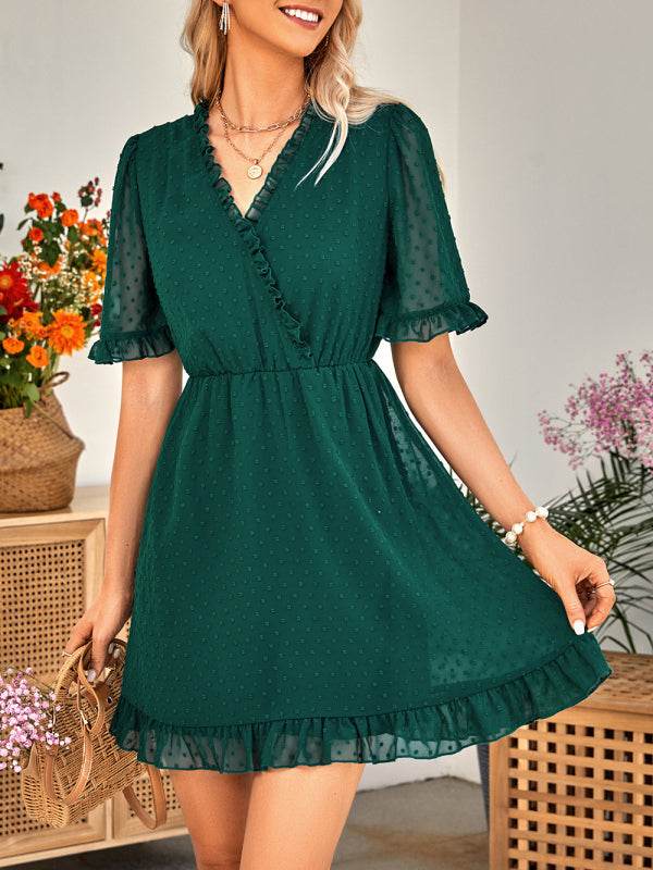 Women's Solid Color Ruffle Clip Dot Ruffle Sleeve Mini Faux Wrap Dress