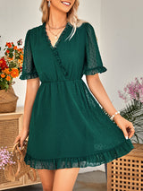Women's Solid Color Ruffle Clip Dot Ruffle Sleeve Mini Faux Wrap Dress