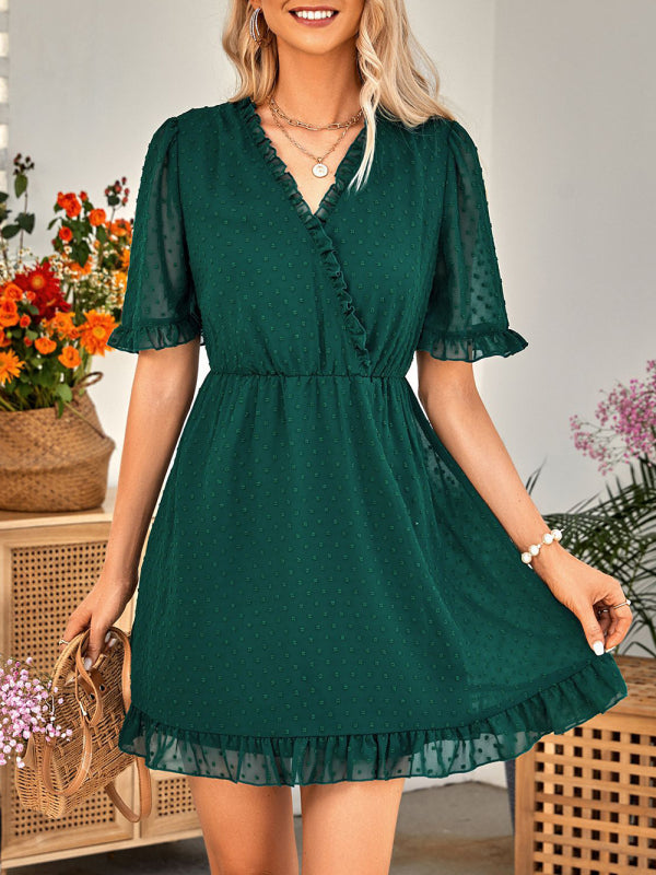Women's Solid Color Ruffle Clip Dot Ruffle Sleeve Mini Faux Wrap Dress