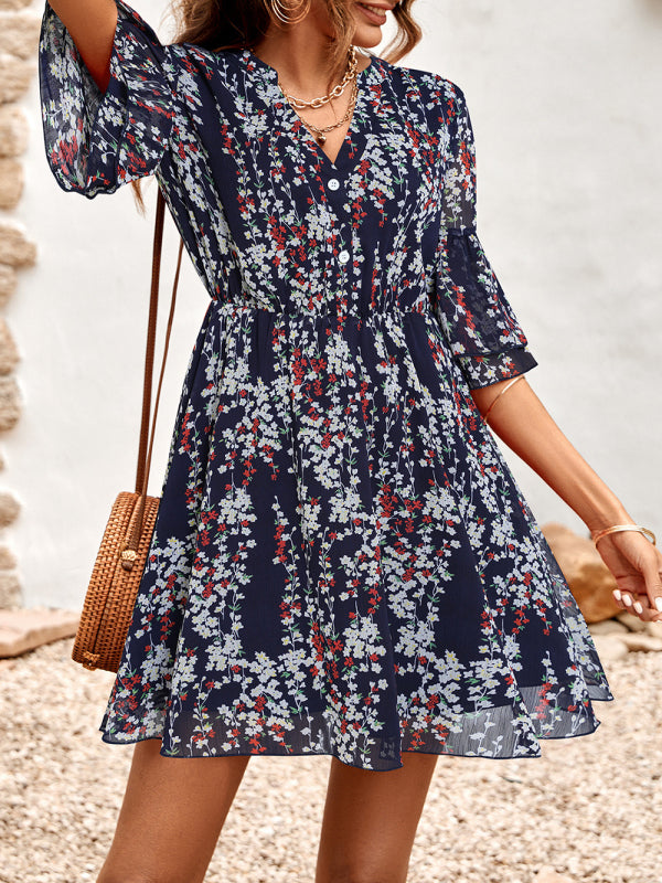 Women's Floral Print Short Sleeve Ruffle Trim Minidress