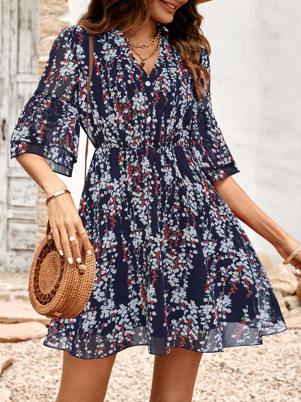 Women's Floral Print Short Sleeve Ruffle Trim Minidress