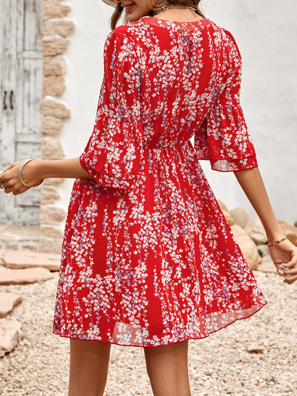 Women's Floral Print Short Sleeve Ruffle Trim Minidress