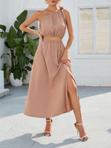 Women's Solid Color Tie Shoulder Crop Top Matching Skirt Set