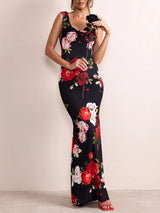 Women's Floral Print Mix Match Straps Maxi Dress