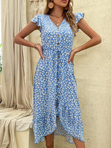 Women's Floral Print Flutter Sleeve V-neck Midi Dress