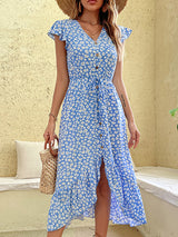 Women's Floral Print Flutter Sleeve V-neck Midi Dress