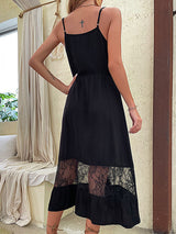 Women's Solid Color V-neck Button Front Lace Trim Maxi Dress