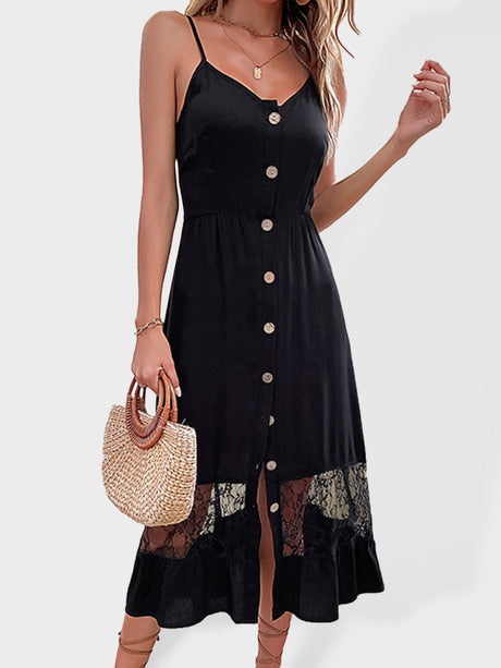 Women's Solid Color V-neck Button Front Lace Trim Maxi Dress