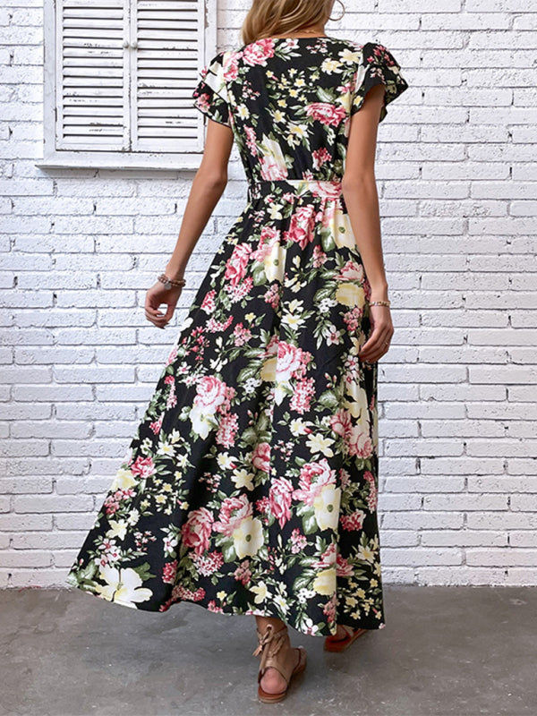 New European and American women's summer vacation mid-length slit floral dress