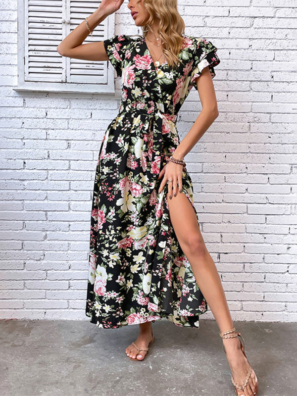 New European and American women's summer vacation mid-length slit floral dress