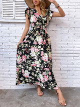 New European and American women's summer vacation mid-length slit floral dress