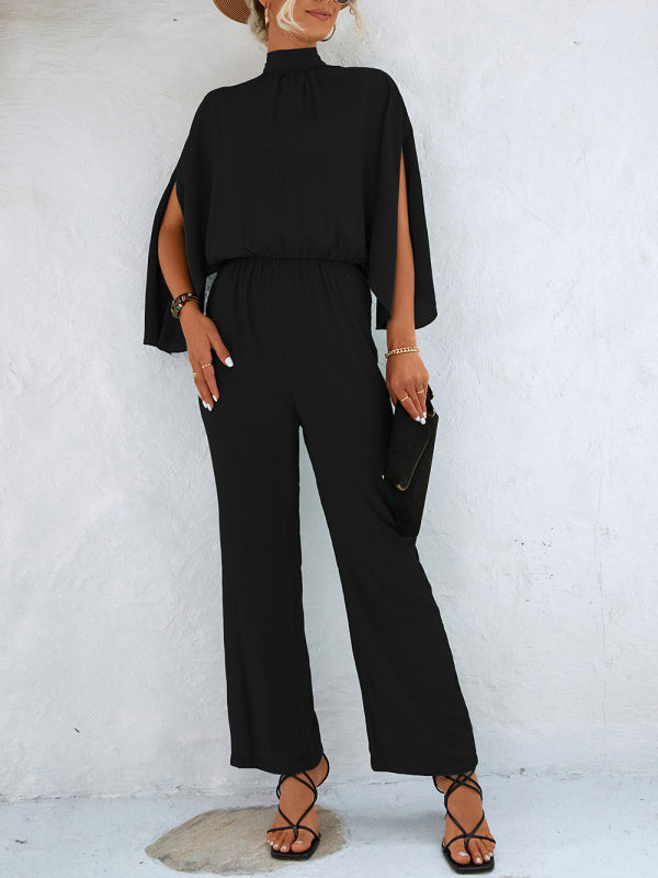 Women's Solid Color Slit Sleeve Mock Neck Jumpsuit