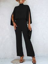 Women's Solid Color Slit Sleeve Mock Neck Jumpsuit