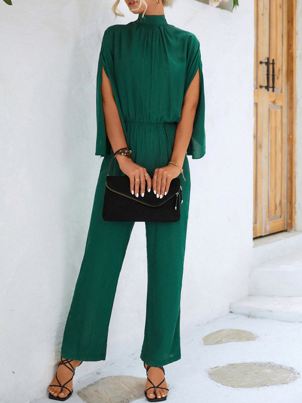 Women's Solid Color Slit Sleeve Mock Neck Jumpsuit