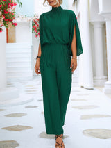 Women's Solid Color Slit Sleeve Mock Neck Jumpsuit