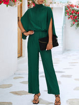 Women's Solid Color Slit Sleeve Mock Neck Jumpsuit