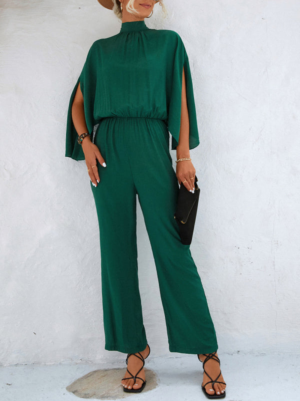 Women's Solid Color Slit Sleeve Mock Neck Jumpsuit