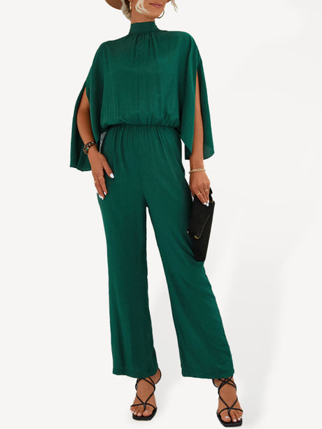 Women's Solid Color Slit Sleeve Mock Neck Jumpsuit