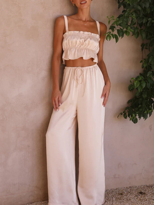 Women's Solid Color Ruffle Crop Top With Matching Wide-leg Pants