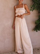 Women's Solid Color Ruffle Crop Top With Matching Wide-leg Pants
