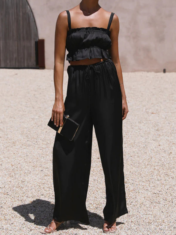 Women's Solid Color Ruffle Crop Top With Matching Wide-leg Pants