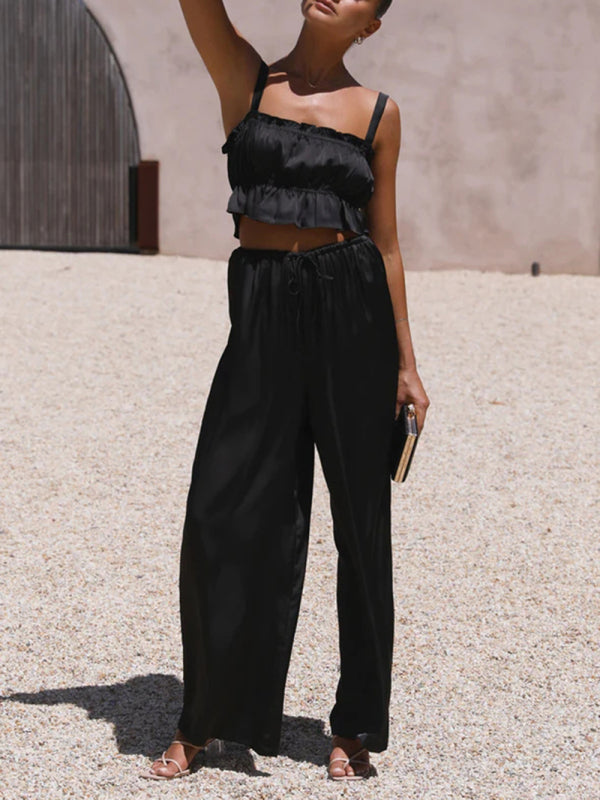 Women's Solid Color Ruffle Crop Top With Matching Wide-leg Pants