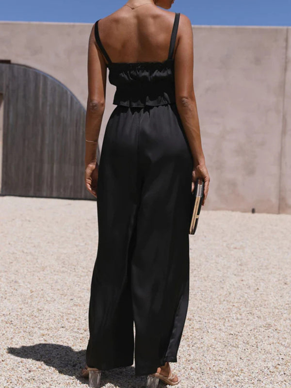Women's Solid Color Ruffle Crop Top With Matching Wide-leg Pants